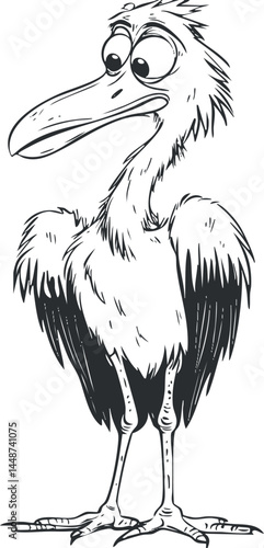 Black and white cartoon illustration of a funny bird with large eyes and a long beak standing upright.