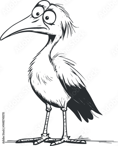 Black and white cartoon illustration of a funny bird with large eyes and long beak standing on ground