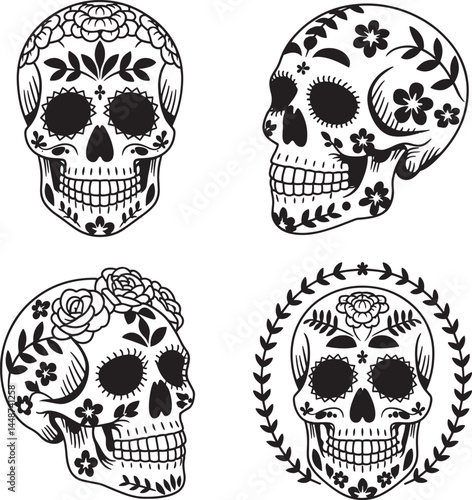Sugar skulls silhouette set vector illustration isolated On Transparent Background