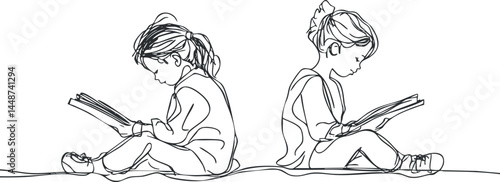 Line art illustration of two children sitting back to back reading books focused on learning and education