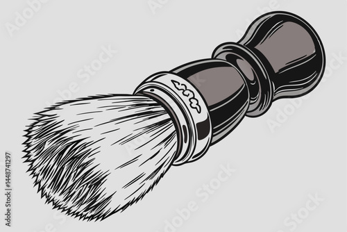71 Luxurious shaving brush, soft white bristles, dark tips, polished wooden handle, elegant grooming tool, macro photography, studio lighting, gray background, high contrast, detailed texture, profess