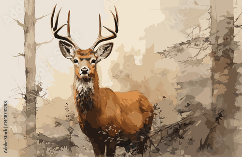Vector White-Tailed Deer in Autumn Forest – Wildlife Illustration with Warm Foliage in Orange and Brown Duotone