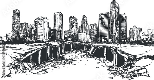 Black and white sketch of a post-apocalyptic city with ruined skyscrapers and destroyed streets