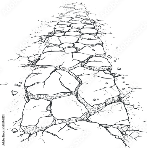 Black and white sketch of an old cracked stone path or cobblestone road with uneven surface.
