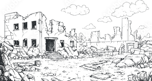 Black and white sketch of destroyed urban ruins with broken buildings and debris scattered around