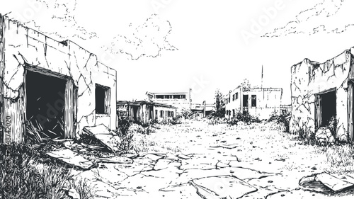 Black and white sketch of an abandoned urban area with ruined buildings and cracked ground