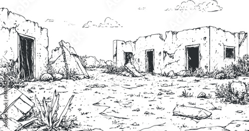 Black and white sketch of abandoned ruined buildings in a dry desert landscape with cracked ground and sparse vegetation