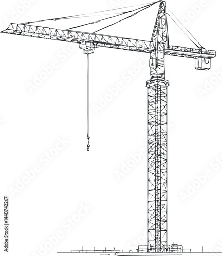Detailed black and white sketch of a tall construction crane used for lifting heavy materials on building sites.