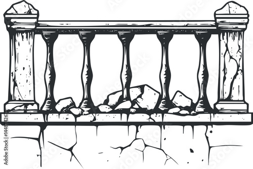 Black and white illustration of a cracked and broken stone balustrade with pillars and scattered fragments