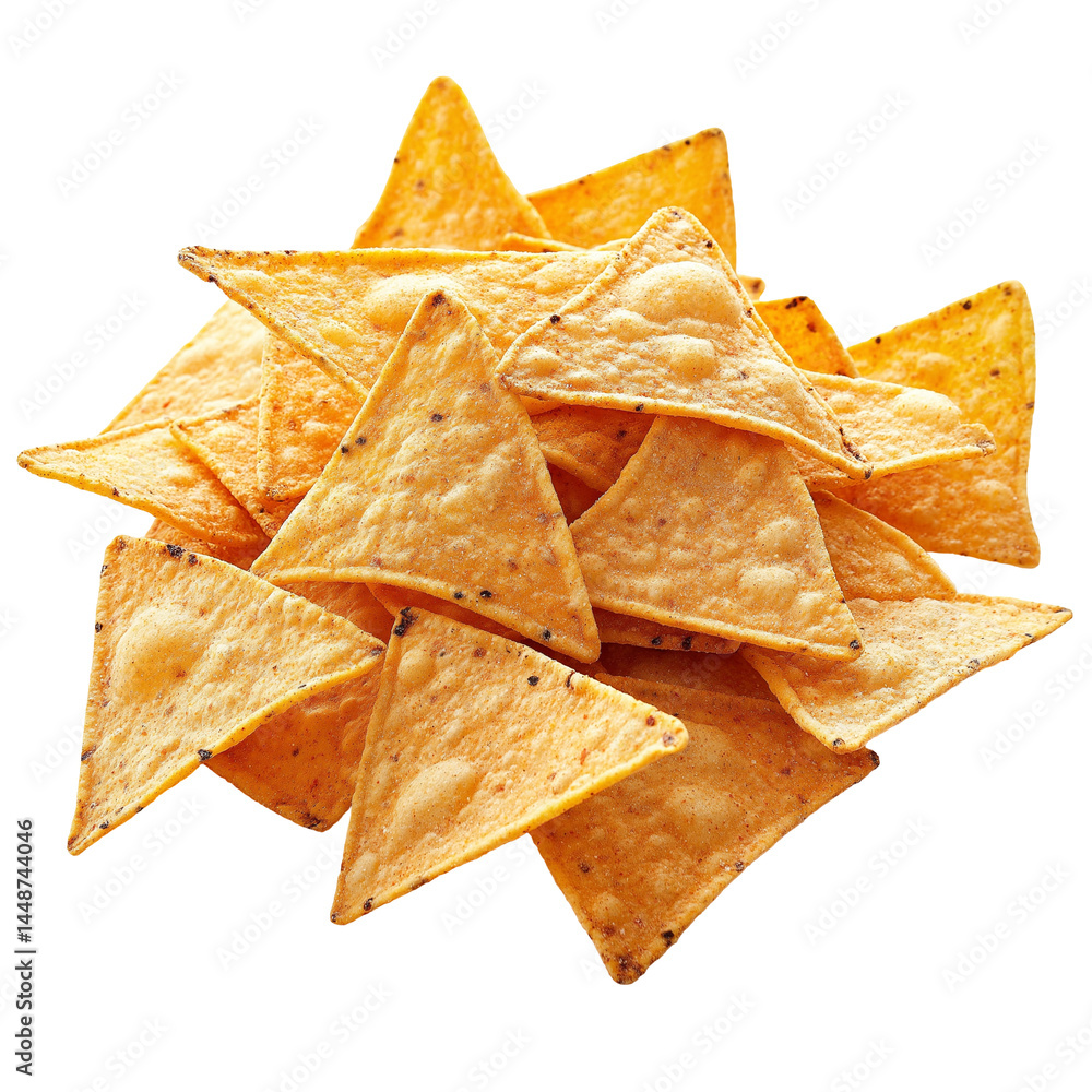 Pile of crunchy triangle tortilla chips isolated on white background Pile of crunchy triangle tortilla chips isolated on white background