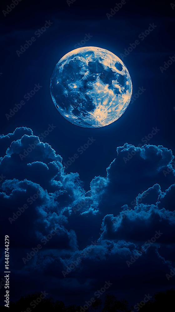 Fototapeta premium Full moon, night sky with clouds. Earth-like tones. Vast and mysterious