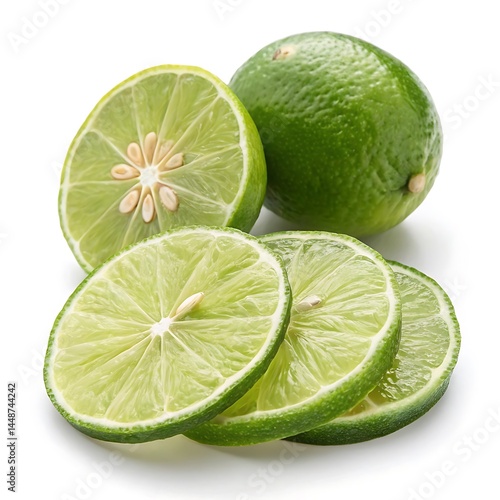 Lime with slices isolated on white background
