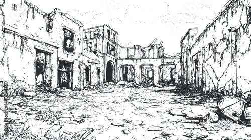 Black and white sketch of abandoned ruined buildings and cracked ground in deserted urban area.