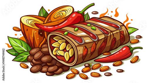 Beef grilled to perfection, wrapped in spice.
Peanuts, paprika, and chili dust every bite.
Bold colors and textures of Nigerian cuisine.
Excellent for bold and flavorful vector designs.

