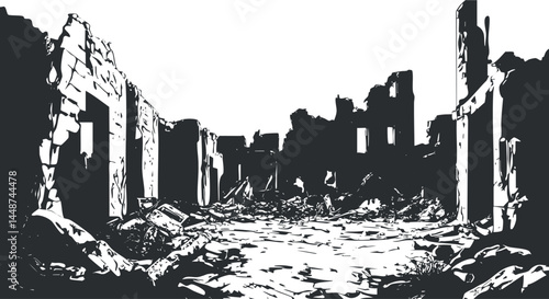 Black and white illustration of destroyed and ruined buildings with rubble and debris in a desolate urban area after destruction or disaster.