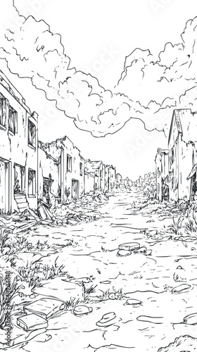 Black and white drawing of a deserted street with abandoned and ruined buildings on both sides under a cloudy sky.