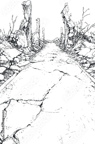 Black and white sketch of a cracked and ruined road surrounded by rubble and broken structures