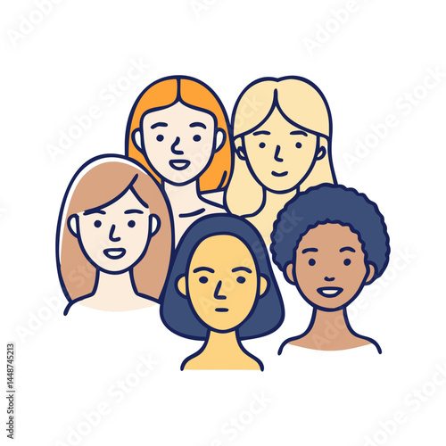 Illustration of diverse women female group portrait community people girls faces ethnicity hair styles