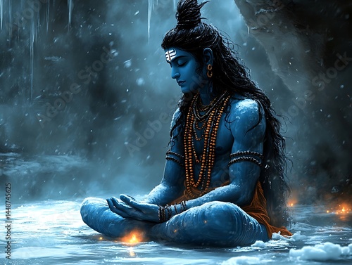 A blue skinned being sits in a lotus position in water. They are adorned with beads and a band. The being has long dark hair. Ice hangs behind them, and snow falls