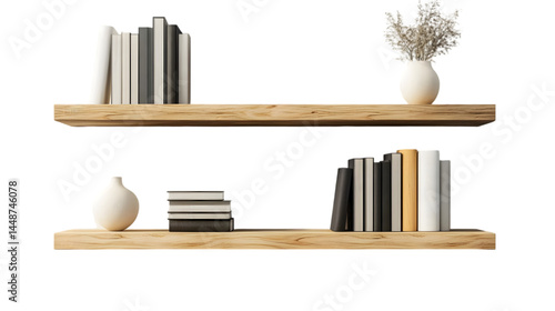 Two wooden shelves with books and vases against a black background in a minimalist style setting