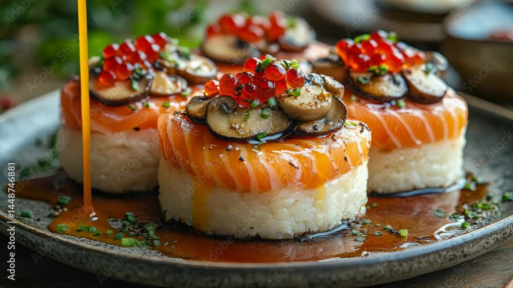 A plate of gourmet sushi topped with salmon and mushrooms, garnished with fresh herbs, showcasing culinary artistry A plate of gourmet sushi topped with salmon and mushrooms, garnished with fresh herbs, showcasing culinary artistry