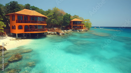Two orange houses on stilts over turquoise water nestled on a secluded beach Lush tropical foliage surrounds the tranq