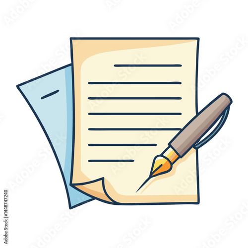 Illustration of paper document with pen writing, office paperwork and document signing concept