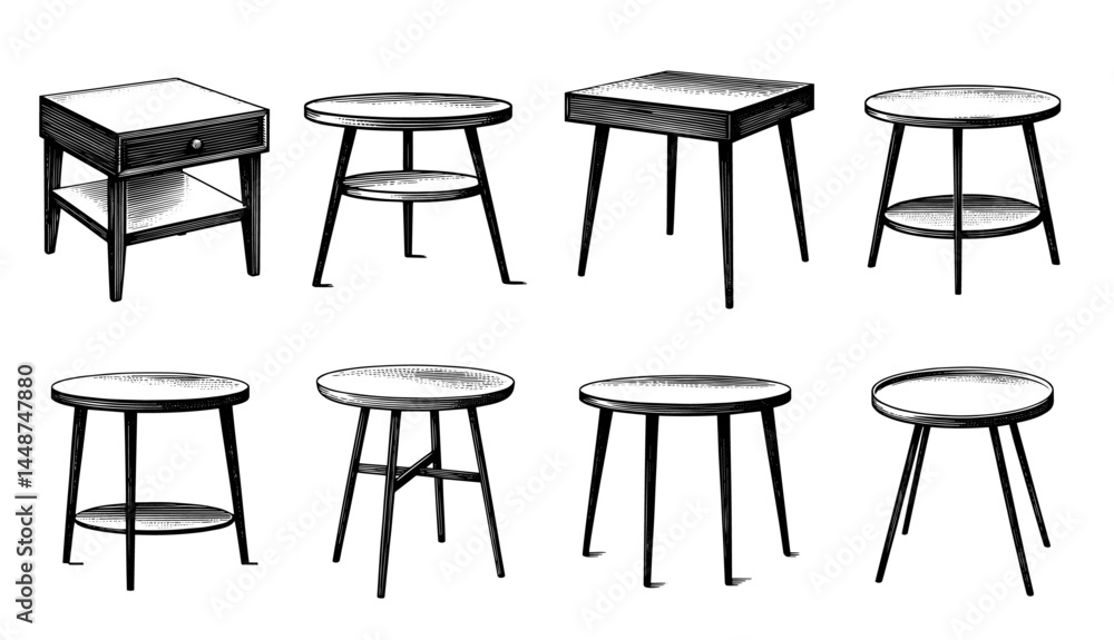 Small Tables Ink Drawing Style Black and White for Living Room or Bedroom Furniture Small Tables Ink Drawing Style Black and White for Living Room or Bedroom Furniture