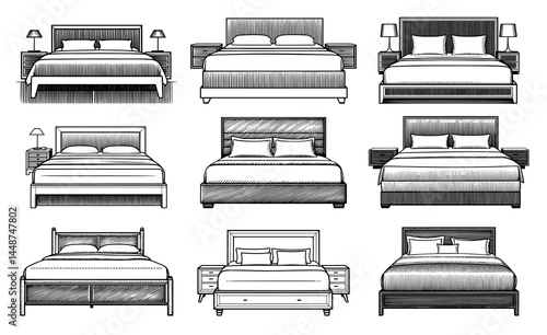 bed designs set line drawing style black and white, bedroom furniture variations