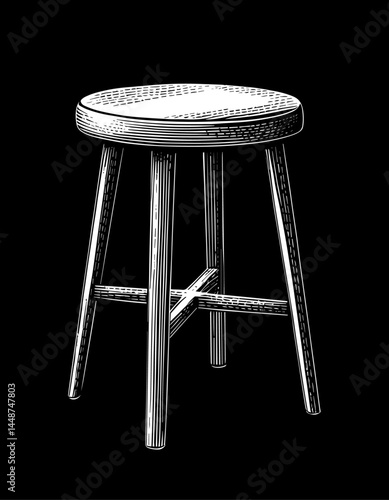 Simple wooden stool woodcut illustration style black and white, basic furniture