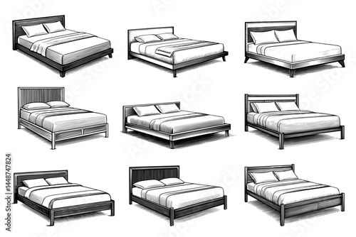 wooden bed designs set drawing style black and white, bedroom furniture collection