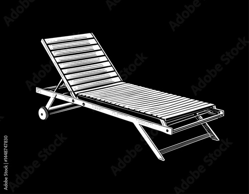 Hand-drawn Chaise Lounge Sketch in White on Black , Outdoor Relaxation Furniture