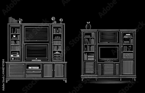 Entertainment Centers Hand Drawn Sketch Style White on Black for Media Storage