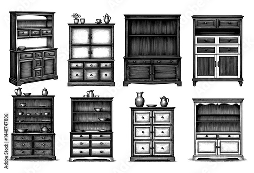 Antique Wood Cabinet and Hutch Illustrations set in Black and White Woodblock Style