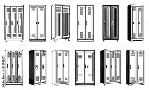 Locker Styles Line Drawing Black and White Representing Storage Options or School/Gym Equipment