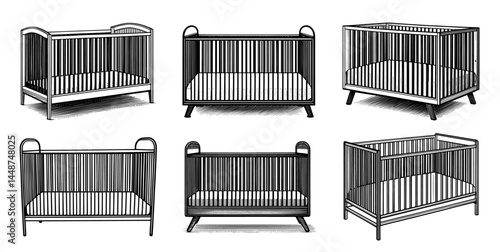 Crib Line Drawings Vintage Illustration Style Black and White, Nursery Furniture or Baby Products