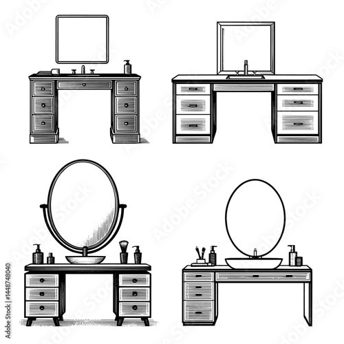 Vintage vanity sets in antique illustration style black and white used for bathroom furnishing