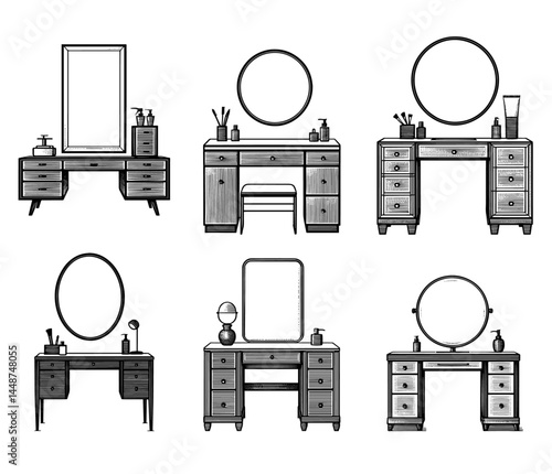 Vintage Vanity Sets Hand-Drawn Style Black and White, Bedroom Furniture or Mid-century Decor