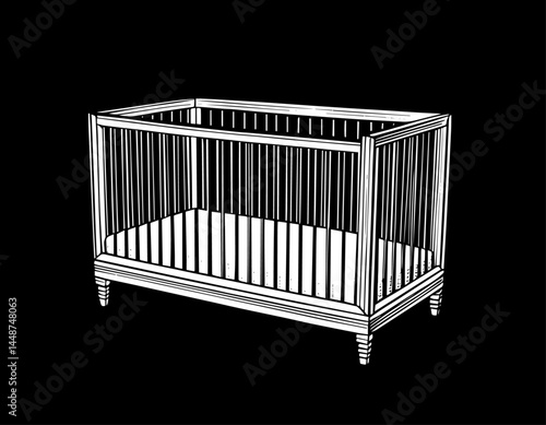 Hand-drawn crib in vintage style black and white representing nursery furniture against black background