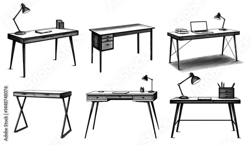 Desk collection line drawings woodblock print style black and white office furniture illustrations