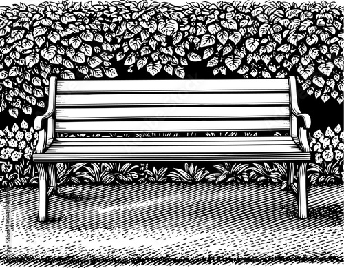 Park bench woodcut style in black and white representing outdoor seating between hedges