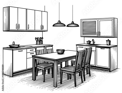 Kitchen design line drawing in black and white, vintage interior layout