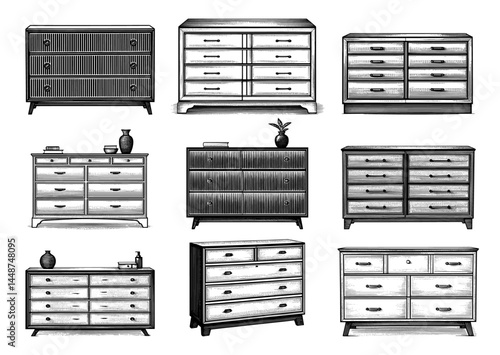 chests of drawers set line drawings in black and white representing vintage furniture collection