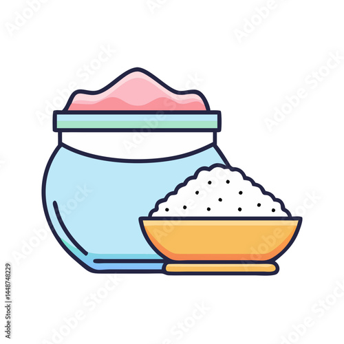Illustration of sugar bowl with sugar and pink cream container food ingredient sweet dessert treat