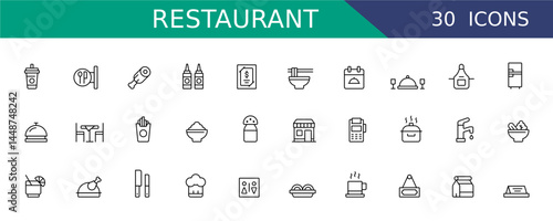 Restaurant icon set. Restaurant and food service essentials vector. Restaurant business and food delivery concept line icons collection, dinner icons, restaurant, kitchen, food delivery, fast food