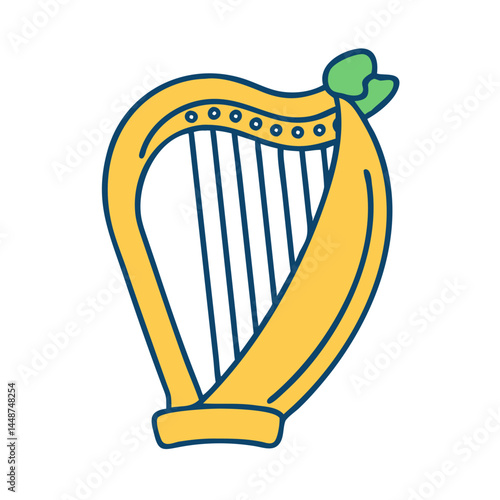 Illustration of golden harp musical instrument for irish music and orchestral performance art