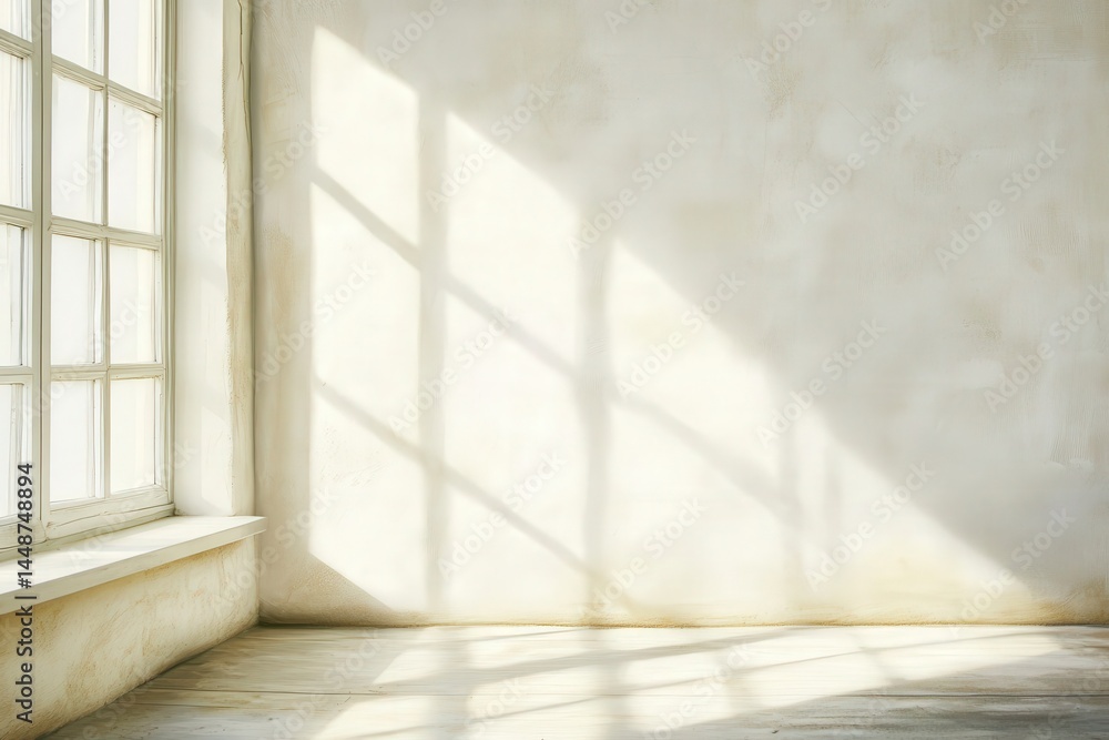 Fototapeta premium Cream Plaster Wall with White Window Frame and Mediterranean Stucco Texture
