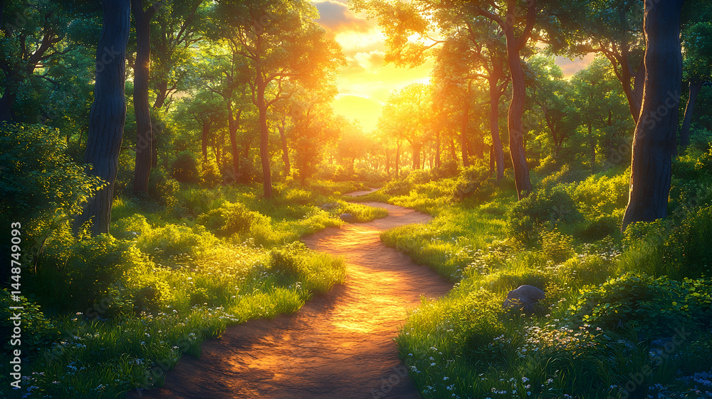 Fototapeta premium Sunlit path winds through lush green forest bathed in warm golden light of setting sun Grass and wildflowers line the