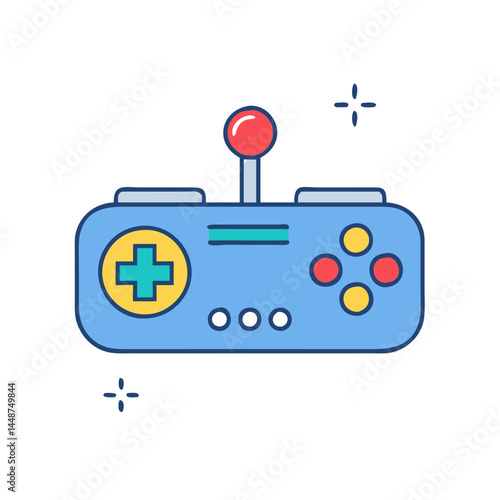 Illustration of a blue retro video game controller with joystick and buttons for gaming fun