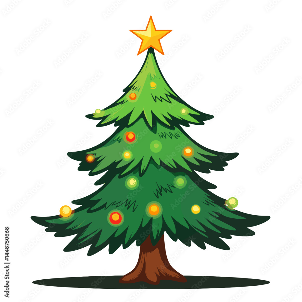 Obraz premium Cartoon Christmas tree with star and ornaments